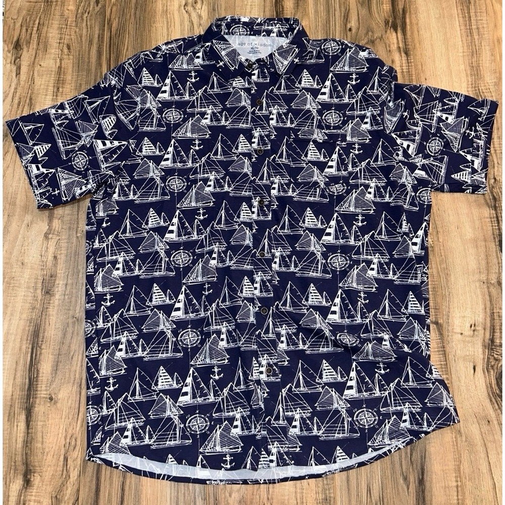 Age Of Wisdom Button Up Polo Sail Boat/Compass/Anchor‎ Polo, Mens XL